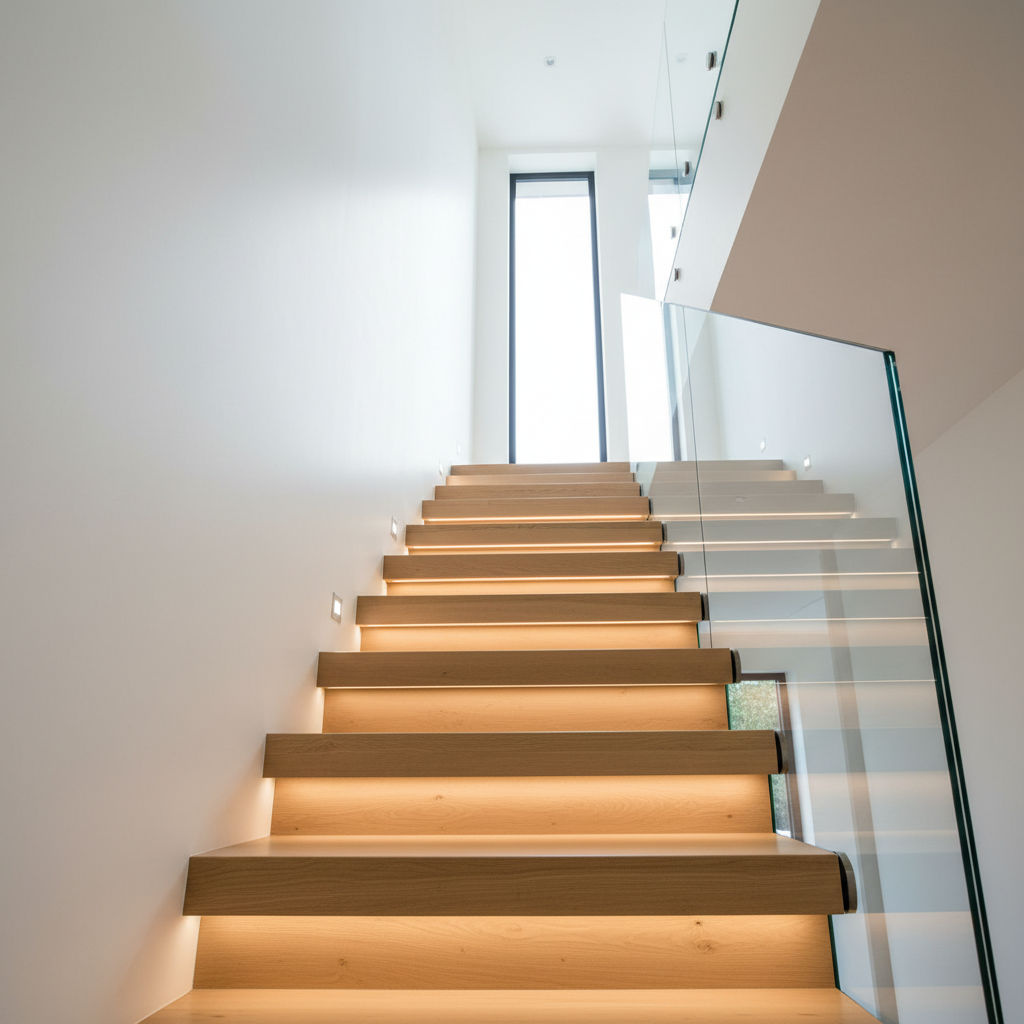 A modern staircase bordered by a custom glass railing made from thick, low-iron tempered glass panels, each panel secured with brushed stainless steel point-fixings along a floating oak stair. The glass is almost invisible, showcasing the wood treads and minimalist architecture. The staircase rises alongside a smooth white wall, with a slim LED strip beneath each tread casting gentle downward light. Daylight pours in from an upper floor window, creating elegant shadows on the wall and soft reflections along the glass edge. Photographic realism, shot from the base of the stairs looking upward with strong leading lines, evoking a sense of openness, safety, and contemporary sophistication in a high-end residential interior.
