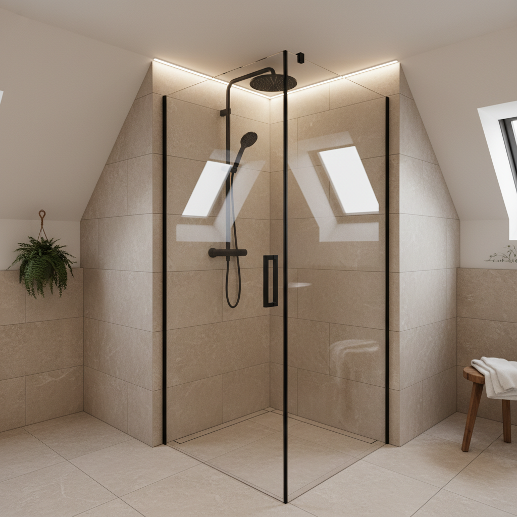 A compact bathroom featuring a custom-made corner shower cabin with a hinged clear glass door and fixed side panel, precisely following the angle of the walls and sloped ceiling. The glass is accented with a thin, matte black frame and matching linear handle, coordinating with a black rain shower fixture visible behind. Large neutral porcelain tiles cover the floor and walls, while a recessed LED strip above the shower casts soft, uniform light that glides across the glass without harsh reflections. Photographic realism, three-quarter angle composition from outside the shower, showcasing how tailored glass solutions maximize space and function in challenging bathroom layouts while maintaining a refined, boutique-hotel feel.