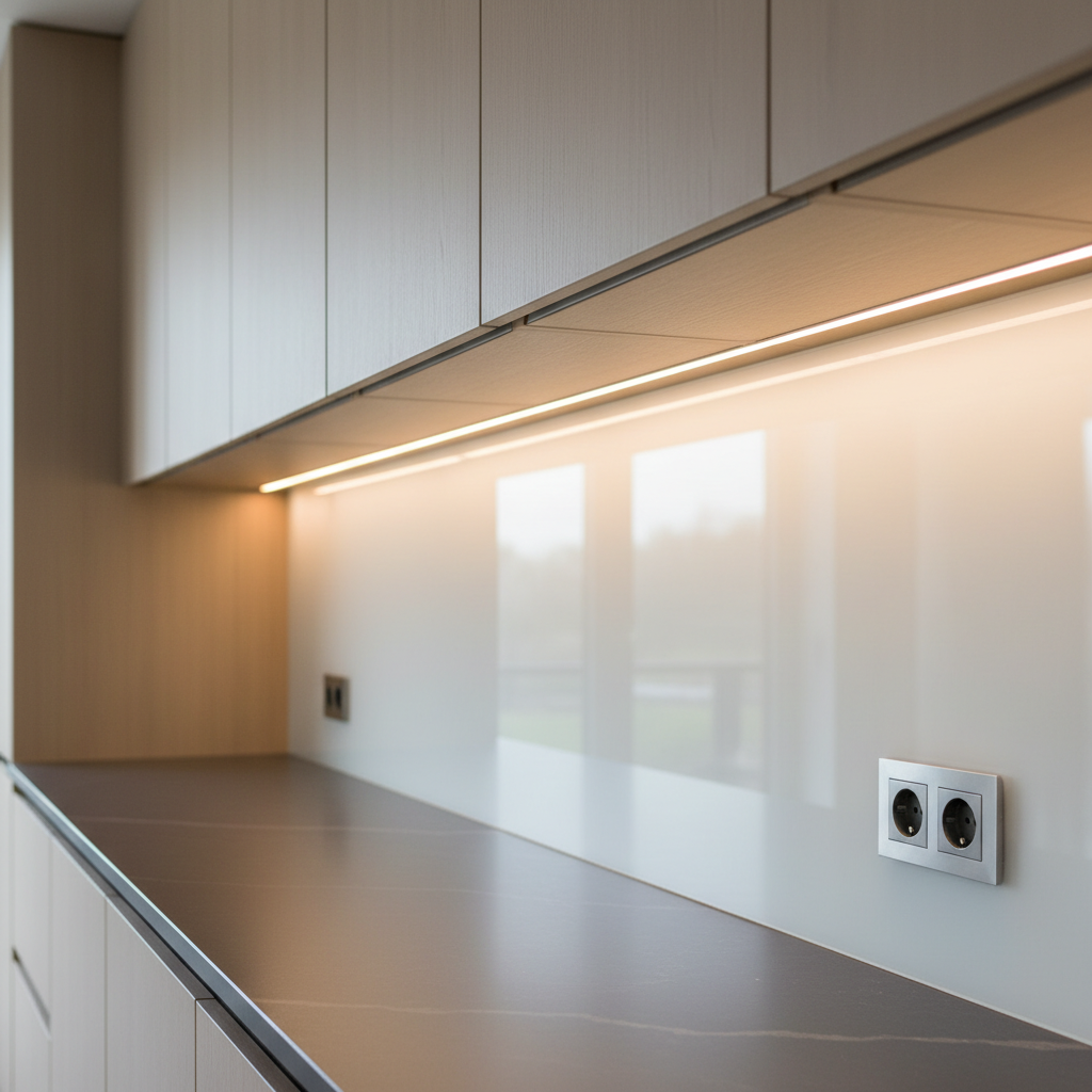 A sophisticated kitchen backsplash made from one seamless sheet of glossy, lacquered white glass, precisely cut to fit around power outlets and upper cabinets. The glass surface reflects the soft under-cabinet LED lighting, creating a smooth, luminous band above a dark quartz countertop. Minimalist handleless cabinets in warm beige are softly blurred in the background, while the glass itself is in perfect sharp focus, showcasing immaculate edges and flawless installation. Natural daylight from a nearby window mixes with the warm LEDs, giving the scene a balanced, inviting glow. Photographic realism, front-facing composition, clean and modern aesthetic that highlights the easy-to-clean, hygienic nature of custom glass in a premium kitchen.