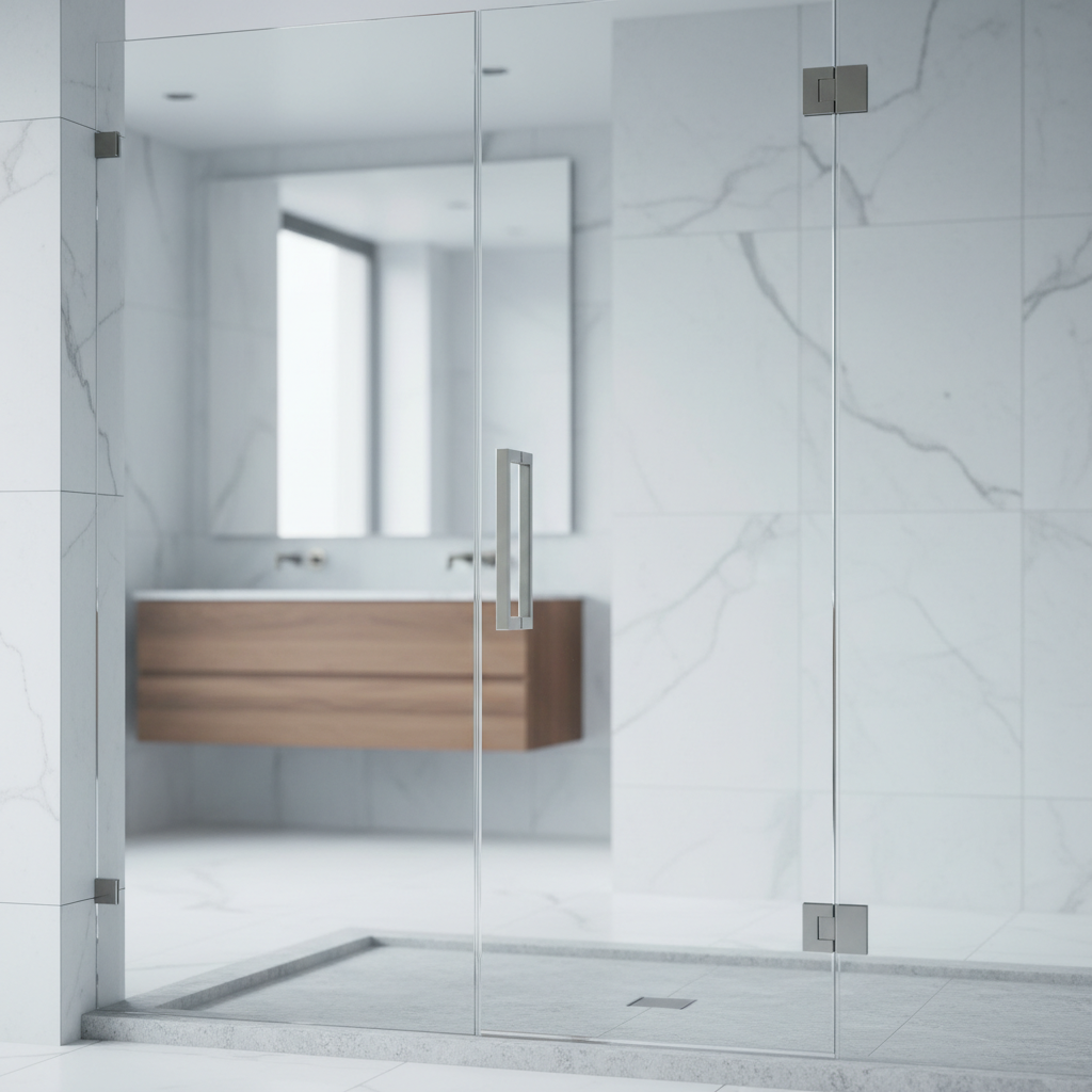 A luxurious frameless glass shower enclosure made of crystal-clear tempered glass panels with perfectly polished edges, mounted on a low-profile linear drain base in light gray stone. Minimalist stainless steel hinges and a sleek square handle gleam subtly. The enclosure stands in a spacious, modern bathroom with large-format white marble tiles and a floating walnut vanity in the softly blurred background. Daylight from an unseen window washes the glass with diffused, cool-toned light, creating gentle reflections but almost no visual obstruction. Photographic realism, shot at eye level with a slightly wide angle, sharp focus on the enclosure and a calm, sophisticated atmosphere that emphasizes precision craftsmanship and transparency.