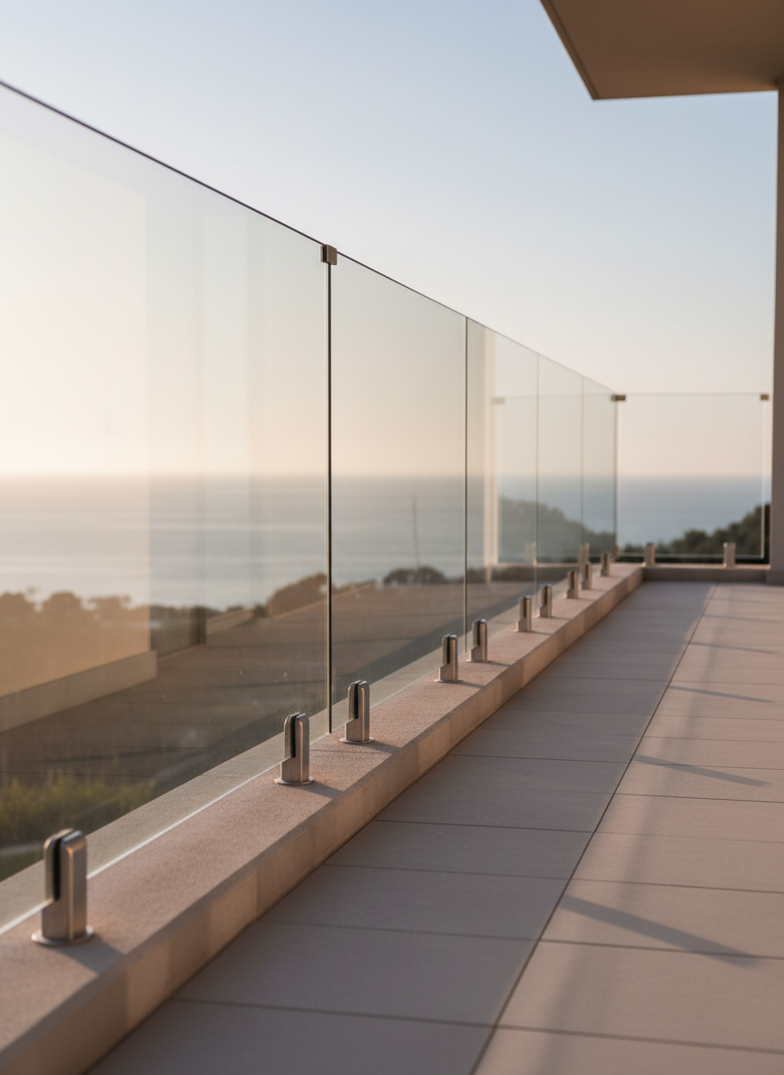 An outdoor terrace protected by a robust glass railing system made of thick laminated glass panels clamped by brushed stainless steel point-fixings into a concrete slab, overlooking a blurred coastal landscape. The glass is crystal clear, revealing the horizon while still feeling solid and safe. Late afternoon golden hour sunlight grazes the railing, creating warm highlights along the metal fittings and a faint glow on the glass edges, with long, soft shadows on the light tiled terrace floor. Photographic realism, captured from a low-angle perspective running parallel to the railing, emphasizing continuity, strength, and unobstructed views in a sophisticated residential setting.