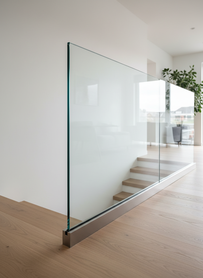 A seamless glass balustrade made from ultra-clear tempered glass panels with polished, perfectly beveled edges, mounted on a minimalist stainless steel base along the edge of a modern interior staircase. The staircase floats over light oak flooring, with a white sculptural wall running alongside. Soft diffused daylight pours in from a large unseen window, creating elegant reflections and subtle refractions across the glass surface and nearby wall. Photographic realism with a clean, sophisticated mood, shot at eye level along the railing using a shallow depth of field, so the foreground glass edge is razor sharp while the staircase and airy living space in the background fall into a gentle, tasteful blur.