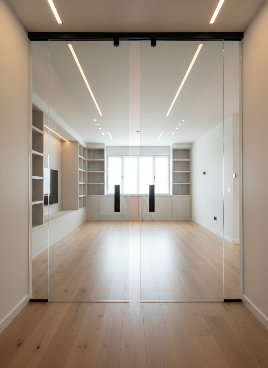 A narrow hallway transformed by a custom glass sliding door system, featuring two large clear tempered glass panels with slim black top-hung tracks and minimalist rectangular pulls. The doors overlap slightly, revealing a bright living area beyond with neutral tones and tidy built-in cabinetry. Indirect ceiling lighting in the hallway contrasts with gentle daylight filtering from the adjacent room, producing layers of reflections on the glass and subtle shadows on the light oak flooring. Photographic realism, framed symmetrically at eye level, highlighting precision in mounting, track alignment, and the seamless transition between spaces in a refined, contemporary interior.