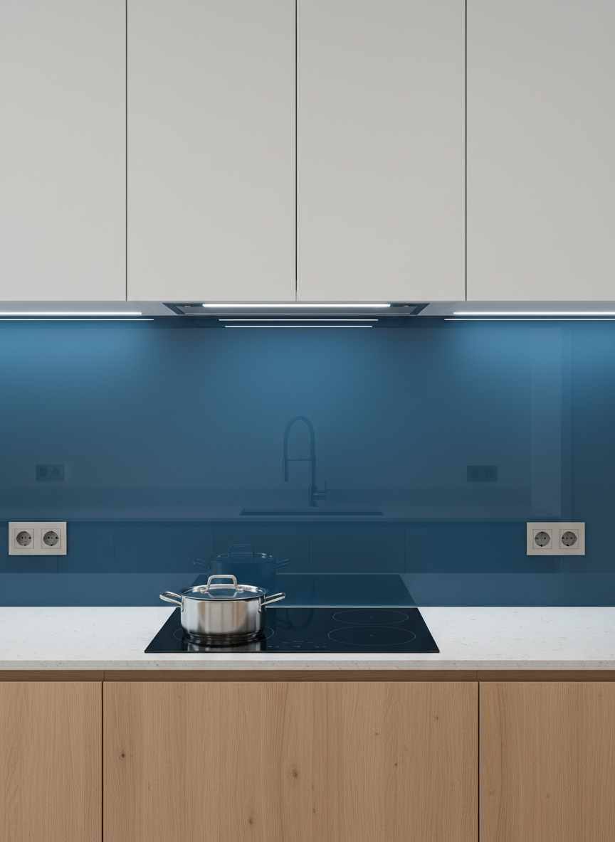 A sleek glass kitchen backsplash made from a single, glossy, painted glass sheet in a deep petrol blue tone, stretching seamlessly between light wood lower cabinets and matte white upper cabinets. The glass is perfectly flush around wall sockets and under-cabinet LED strips, with micro-beveled edges that catch the light. Cool, even LED lighting grazes down from above, revealing subtle reflections of the countertop and induction cooktop while keeping the color rich and saturated. Photographic realism with a refined, contemporary mood, shot straight-on with sharp focus throughout to highlight the flawless surface, precise cutouts, and the sense of hygiene and effortless maintenance.