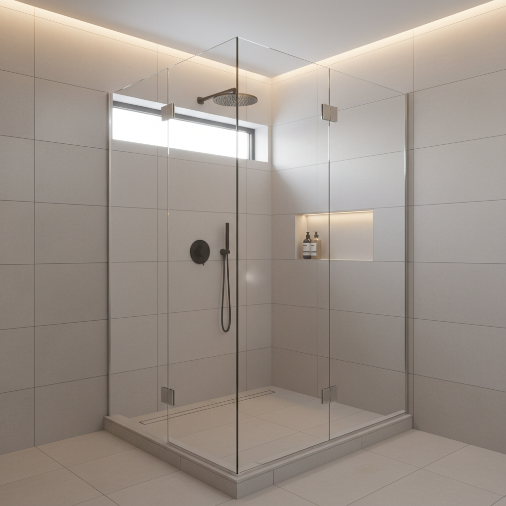 A luxurious corner shower enclosure composed of large frameless glass panels with chrome hinges and a discreet linear floor drain, installed in a contemporary bathroom lined with oversized matte light-gray tiles. The crystal-clear glass shows a built-in recessed niche and a black rainfall shower head on the far wall. Warm recessed ceiling lights and a narrow horizontal window bring soft, even illumination, causing delicate highlights along the glass edges and faint reflections in the tiles. Photographic realism with a calm, spa-like atmosphere, captured from a slightly elevated angle to emphasize the precision of the installation and the flawless alignment of every edge and joint.