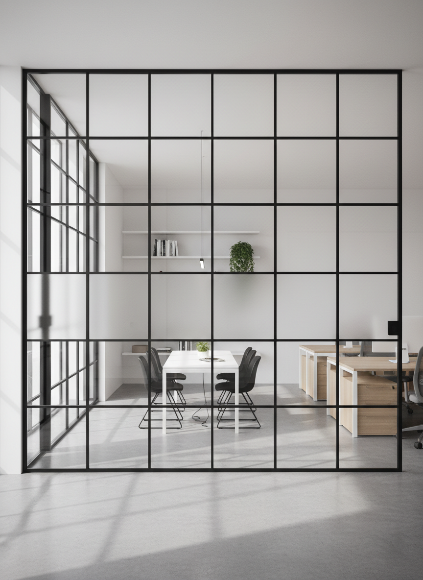An elegant glass partition wall dividing an open-plan office from a quiet meeting zone, built from floor-to-ceiling, low-iron glass panels held by slim black aluminum profiles in a grid pattern. The glass has a subtle satin strip at mid-height for privacy, while the rest remains transparent, revealing minimalist desks and shelving beyond. Natural daylight washes through full-height windows off-frame, creating soft, linear reflections on the partition and gentle shadows on the polished concrete floor. Photographic realism, composed using the rule of thirds with a wide-angle lens to show depth and linear perspective, conveying a sophisticated, organized, and airy workspace without a single human presence.
